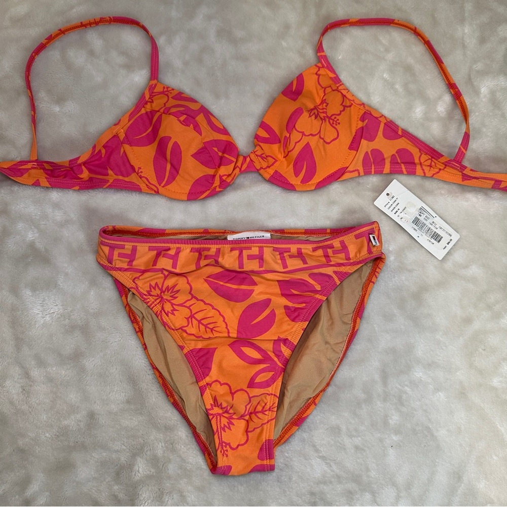 Vintage Tommy Hilfiger Pink and Orange High Rise Bikini Size 10